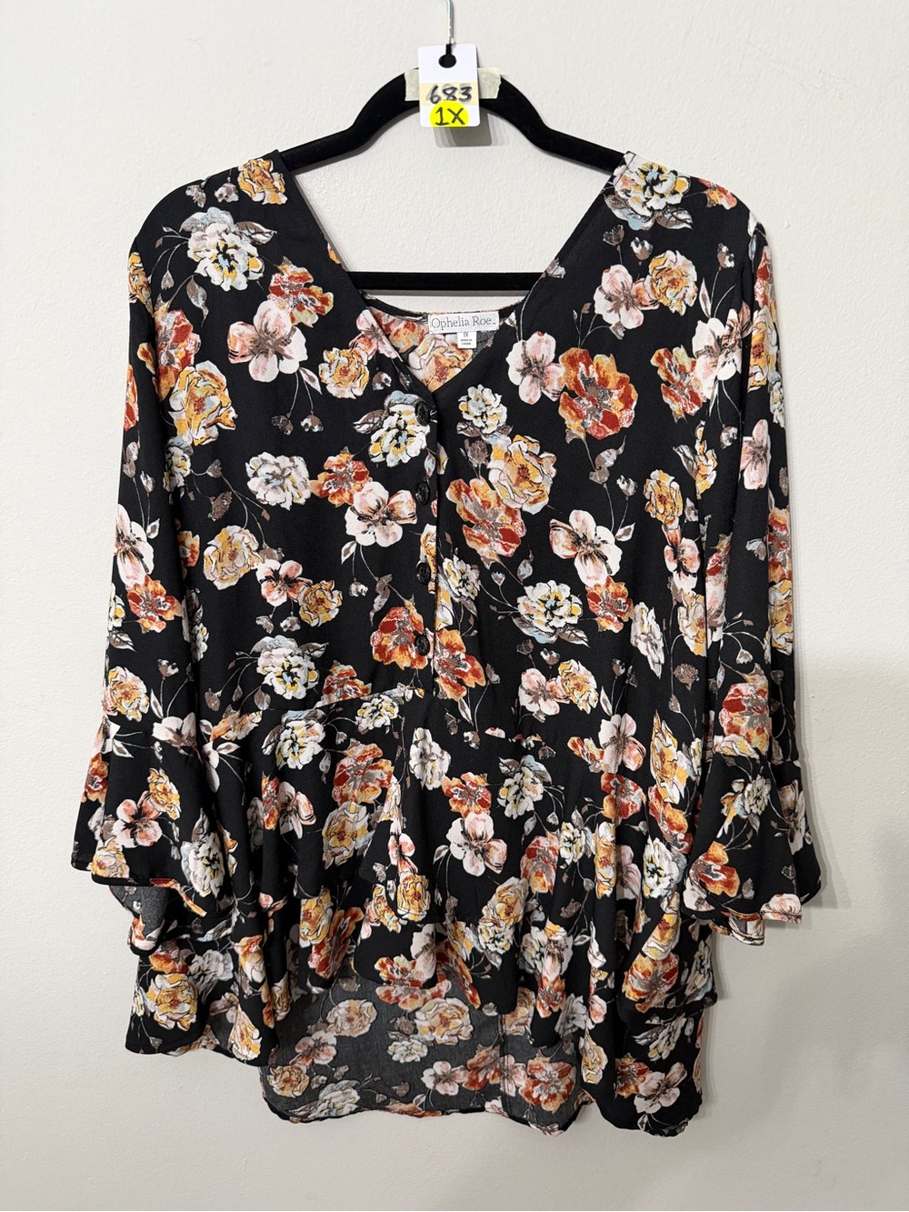 Women’s Ophelia Roe Black Floral V-Neck Peplum Blouse Size 1X